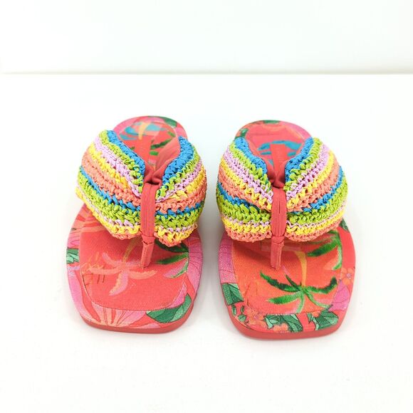FARM RIO Women 6 Toucans Crochet Puffly Flip Flop Sandals Orange Pink Rainbow - Picture 3 of 8
